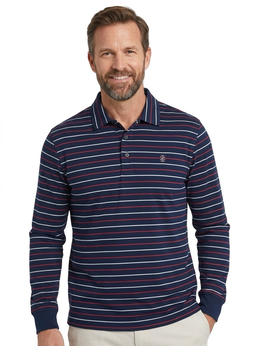 IZOD Blue Red White Striped Long Sleeve Polo Shirt Mens Sz M $50 EUC